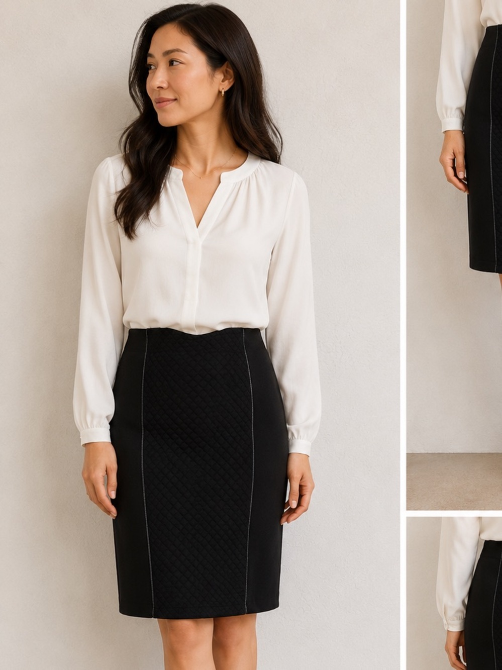 Laundry By Shelli Segal Black Quilted-Panel Pencil Skirt Back Zip & Kick Pleat